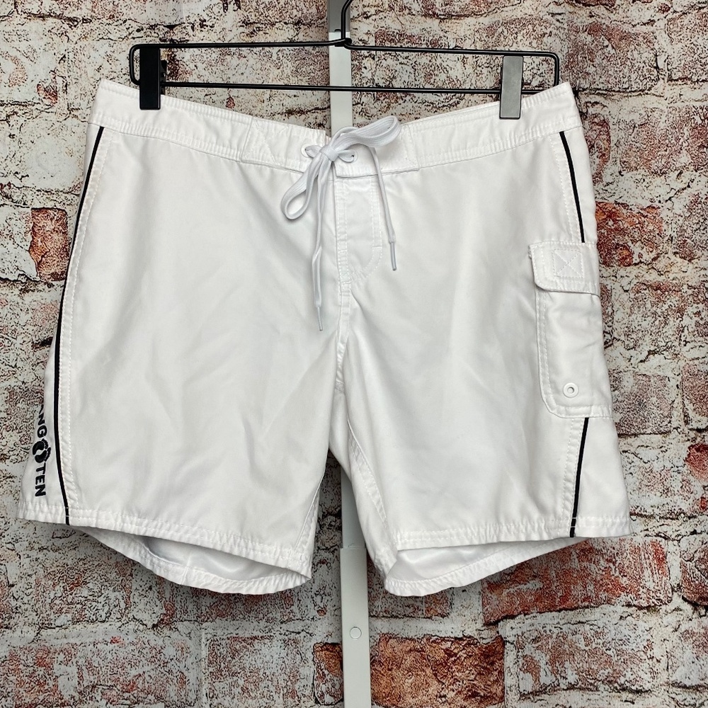 💙5/$15 Hang Ten Women’s Y2K White Board Swim Surf Shorts w/ Black Trim Size 7